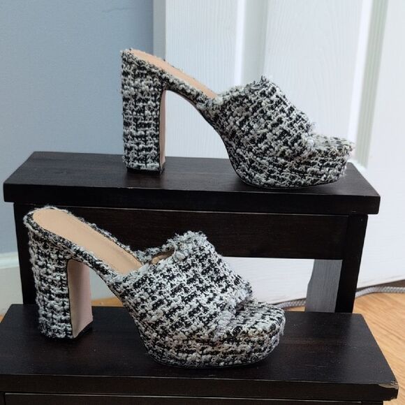 JF London Shoes - JF London Heather Throwback Black & White Tweed Houndstooth Heeled Mule Size 8.5